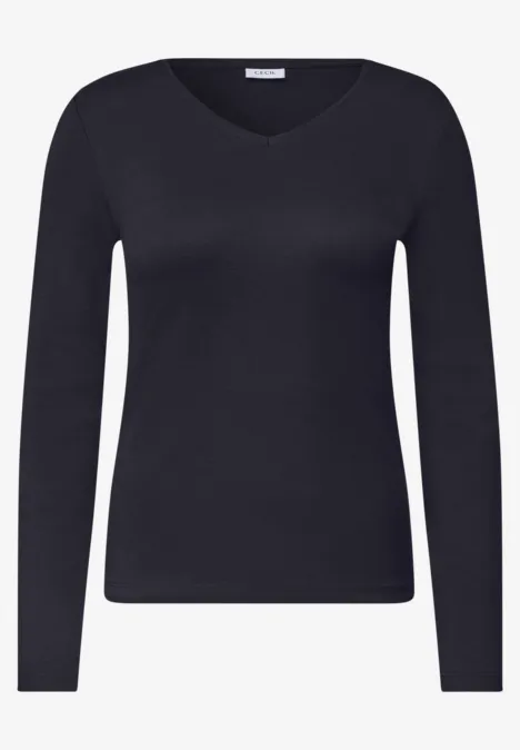 Langarm Shirt in Unifarbe mit V-Neck urban dark blue Schwarzes, langärmeliges Damen-Shirt mit V-Ausschnitt, schlicht und zeitlos.