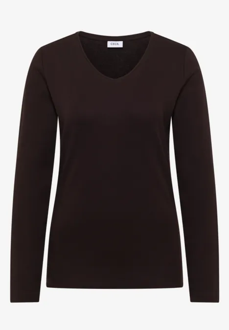Langarm Shirt in Unifarbe mit V-Neck truffle brown Schwarzes Damen-Langarmshirt mit V-Ausschnitt, eng geschnitten, schlicht und vielseitig kombinierbar.