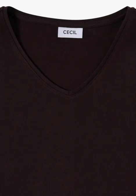 Langarm Shirt in Unifarbe mit V-Neck truffle brown Braunes V-Shirt mit V-Ausschnitt und weißer CECIL-Marke am Kragen.