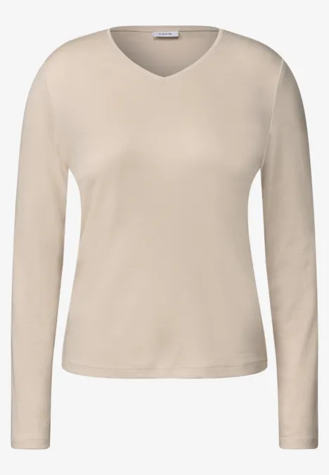Langarm Shirt in Unifarbe mit V-Neck cashmere beige Beiges, langärmeliges Damenshirt mit V-Ausschnitt
