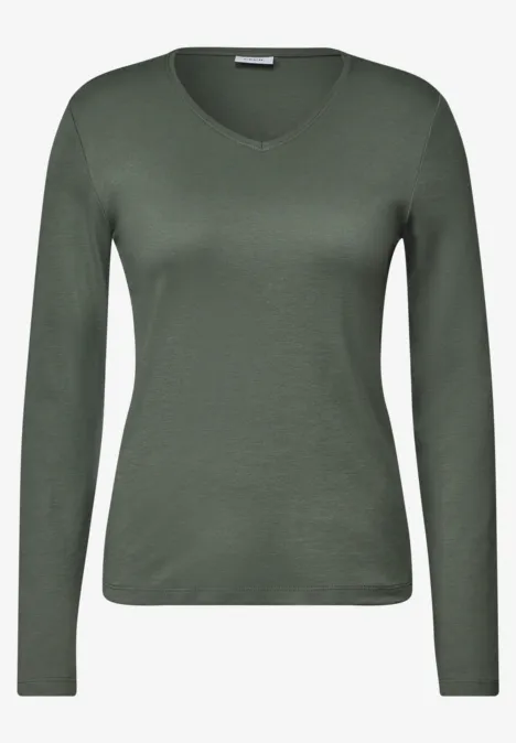 Longsleeve met V-hals dried olive green Olivgrünes Langarmshirt mit V-Ausschnitt.