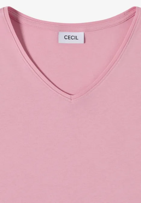Langarm Shirt in Unifarbe mit V-Neck mellow rose Ein schlichtes pinkfarbenes V-Neck-Shirt mit Markenlabel CECIL, aus weichem, glattem Stoff.