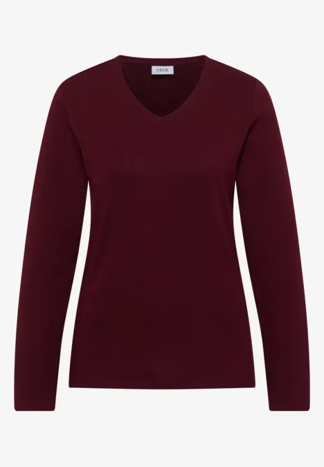 Feinstrick-Pullover mit V-Ausschnitt, langärmelig und in tiefem Burgunderrot.