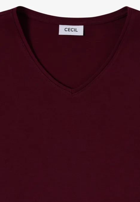 V-Ausschnittshirt in dunklem Burgunderrot mit 'CECIL'-Etikett.