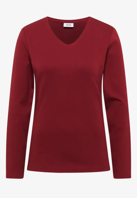 Langarm Shirt in Unifarbe mit V-Neck russet red Rotes, schlichtes Langarmshirt mit V-Ausschnitt