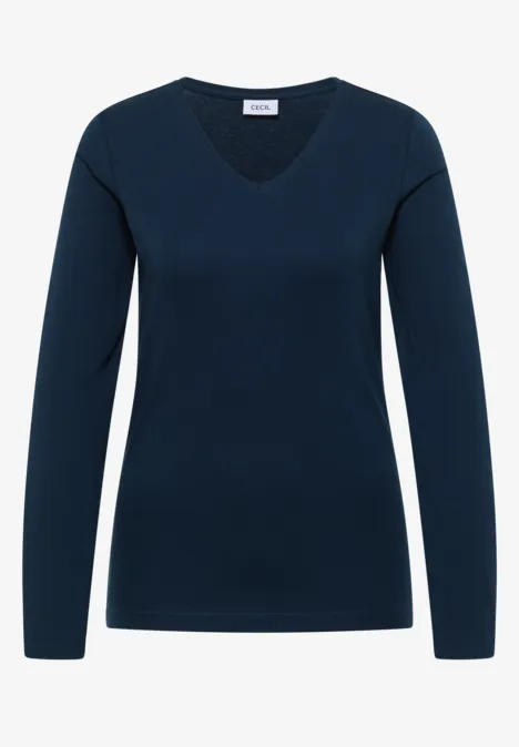 Langarm Shirt in Unifarbe mit V-Neck moonlight blue Dunkelblaues, langärmeliges Damen-Shirt mit V-Ausschnitt.