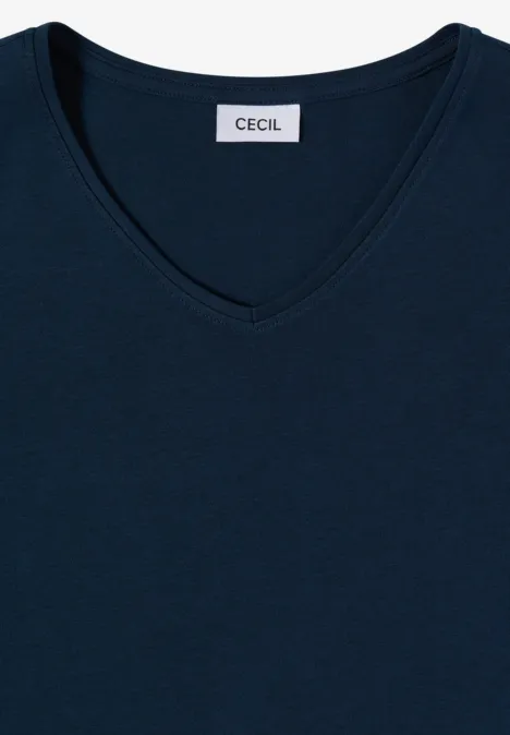 Langarm Shirt in Unifarbe mit V-Neck moonlight blue Dunkelblaues V-Ausschnitt-Shirt mit schlichter CECIL-Label an der Innenseite des Kragens.