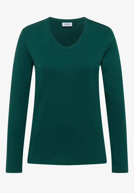 Langarm Shirt in Unifarbe mit V-Neck dark fir green Schlichtes, dunkles Grün langärmliges Oberteil mit V-Ausschnitt vor weißem Hintergrund.