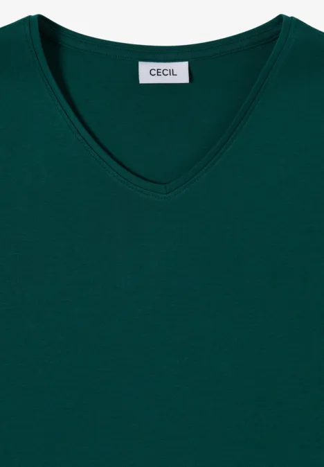 Langarm Shirt in Unifarbe mit V-Neck dark fir green Dunkelgrünes V-Ausschnitt-Shirt mit dezenter 'Cecil'-Markenlabel im Nacken.