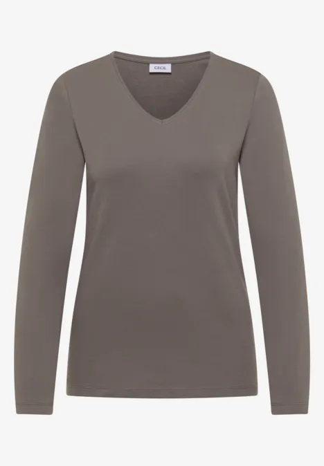 Langarm Shirt in Unifarbe mit V-Neck storm grey Taupefarbenes Damen-Langarmshirt mit V-Ausschnitt, schmal geschnitten.