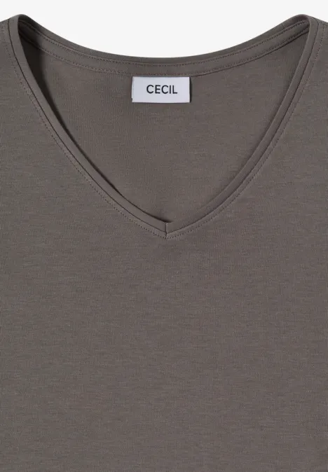 Langarm Shirt in Unifarbe mit V-Neck storm grey Ein schlichtes, khakifarbenes V-Neck-Shirt von CECIL mit kurzen Ärmeln.