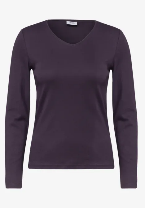 Langarm Shirt in Unifarbe mit V-Neck lilac shadow Ein lila Damenlangarmshirt mit Rundhalsausschnitt und schmaler Passform
