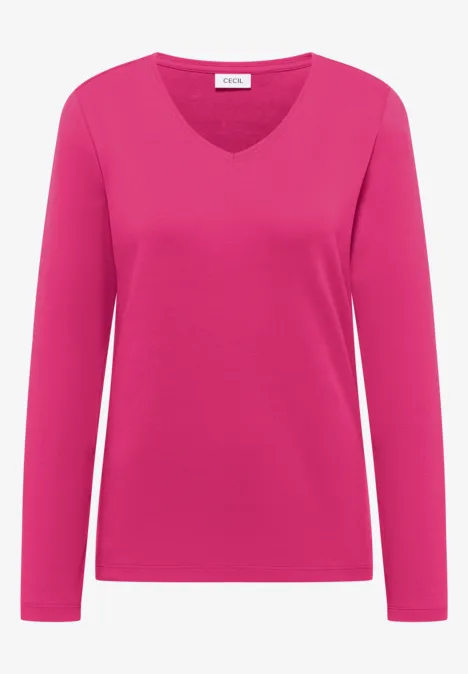 Langarm Shirt in Unifarbe mit V-Neck pink flash Ein pinker Langarmshirt für Damen mit V-Ausschnitt und schlichter Optik.