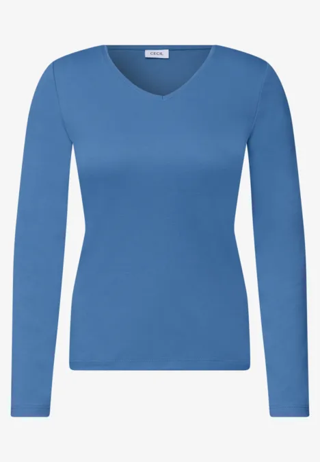 Langarm Shirt in Unifarbe mit V-Neck north blue Elegantes blaues Langarmshirt mit V-Ausschnitt für Damen.