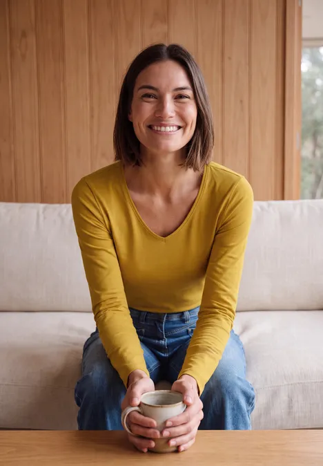 Langarm Shirt in Unifarbe mit V-Neck golden honey Eine lächelnde Frau sitzt auf einem Sofa und hält eine Tasse.