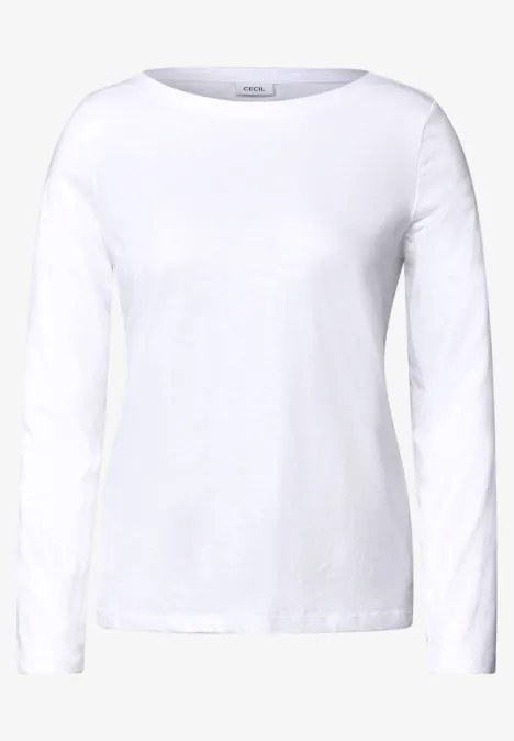 Langarm Shirt mit U-Boot-Ausschnitt White Ein weißes Langarmshirt mit Rundhalsausschnitt.