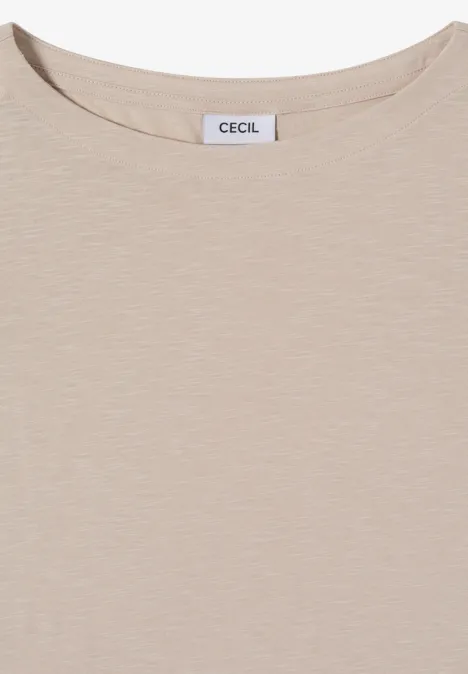 Beiges T-Shirt mit rundem Ausschnitt und feinem Jersey-Stoff.