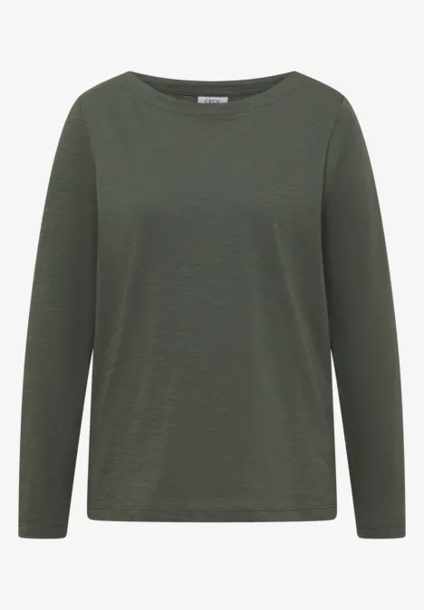Ein dunkelgrünes, schlichtes Langarmshirt mit Rundhalsausschnitt.