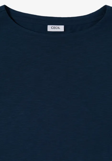 Langarm Shirt mit U-Boot-Ausschnitt moonlight blue Ein schlichtes, dunkelblaues Damen-T-Shirt mit rundem Ausschnitt und Label im Nacken.