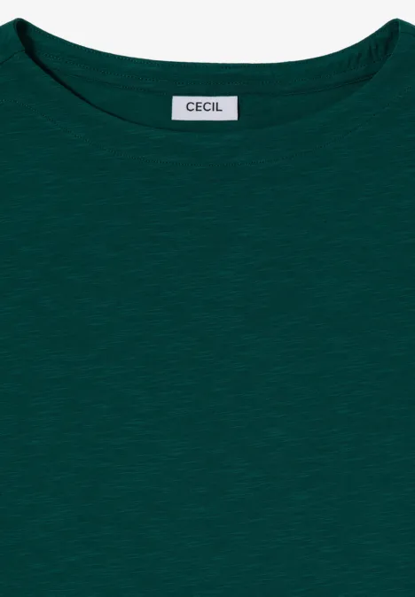 Langarm Shirt mit U-Boot-Ausschnitt dark fir green Dunkelgrünes T-Shirt mit Rundhalsausschnitt und "CECIL"-Label am Nacken.