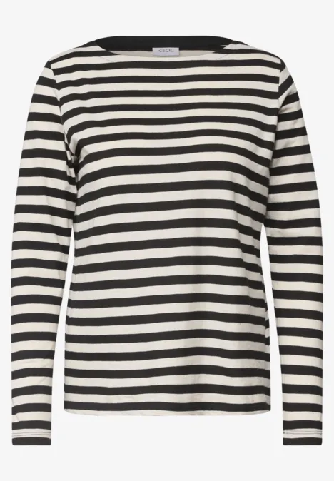 Langarm Shirt mit Boat Neck und Streifen Black Langärmliges Shirt mit schwarzen und weißen Querstreifen und weitem Boot-Ausschnitt.