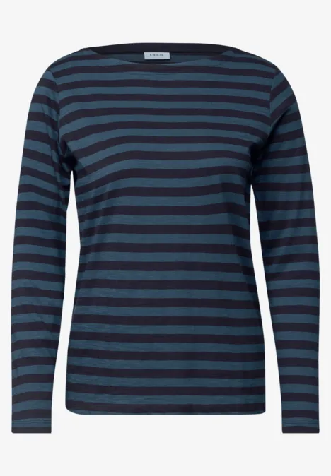 Damen-Langarmshirt mit dunkelblauen und marineblauen horizontalen Streifen.