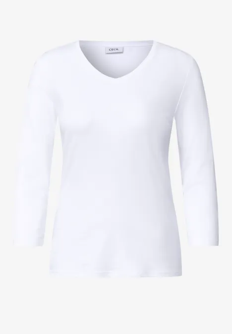 Weißes Shirt mit 3/4-Ärmeln und V-Ausschnitt.