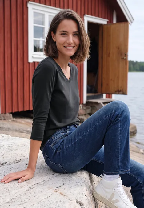 Frau sitzt in Jeans vor roter Holzhütte am See und lächelt