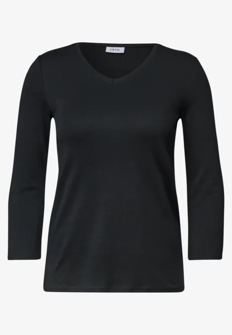 Schwarzes Damen-Shirt mit V-Ausschnitt und 3/4-Ärmeln.