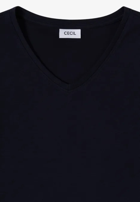 Czarny T-shirt z dekoltem w serek i metką 'Cecil' na kołnierzu.