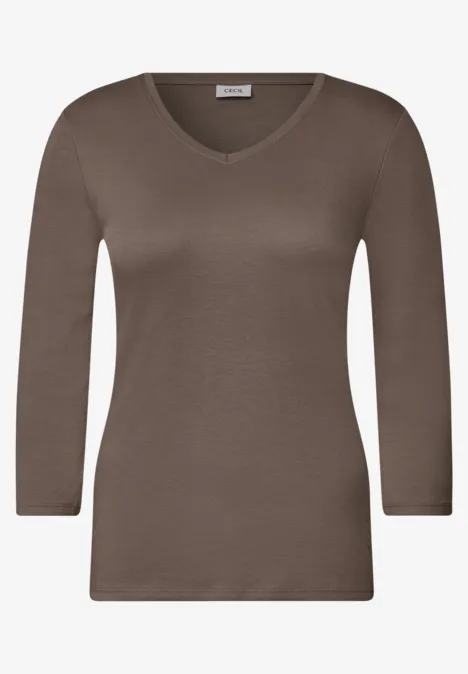 Braunes Damen-Shirt mit V-Ausschnitt und 3/4-Ärmeln.