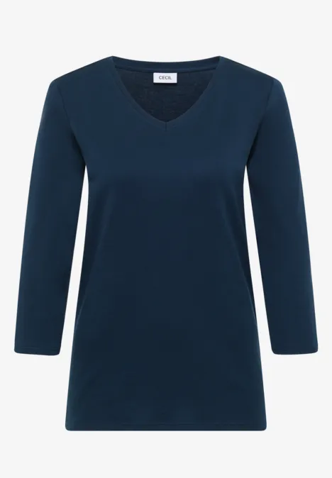 3/4-Arm Shirt in Unifarbe mit V-Neck moonlight blue Dunkelblaues Damen-Shirt mit V-Ausschnitt und 3/4-Ärmeln.