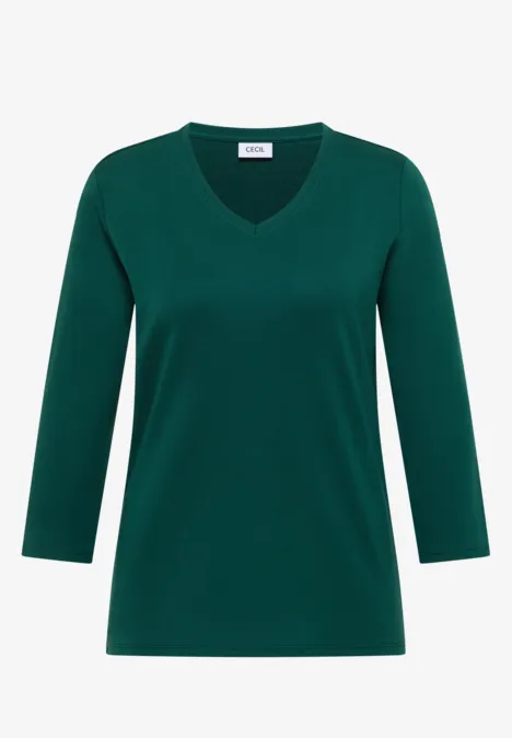 3/4-Arm Shirt in Unifarbe mit V-Neck dark fir green Damenpullover in Grün mit V-Ausschnitt und 3/4-Ärmeln