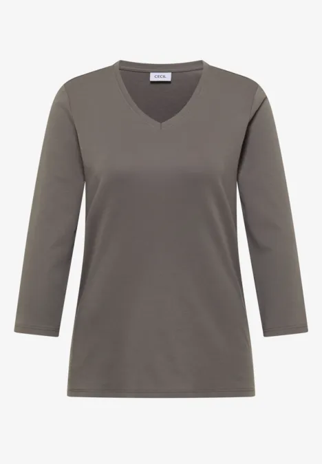 3/4-Arm Shirt in Unifarbe mit V-Neck storm grey Olivgrünes Damen-Shirt mit V-Ausschnitt und 3/4-Ärmeln, schlicht und figurbetont.
