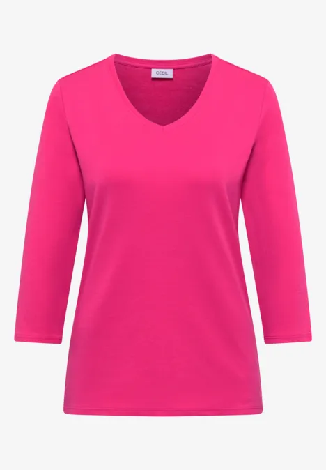 3/4-Arm Shirt in Unifarbe mit V-Neck pink flash Pinkes T-Shirt mit V-Ausschnitt und 3/4-Ärmeln, schlichtes Design.