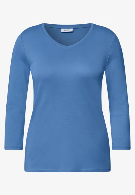 3/4-Arm Shirt in Unifarbe mit V-Neck north blue Blaues Damenshirt mit 3/4-Ärmeln und V-Ausschnitt.