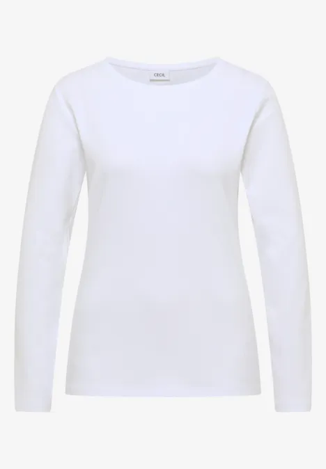 Langarm Shirt mit U-Boot-Ausschnitt White Weißes, schlichtes Langarmshirt vor weißem Hintergrund