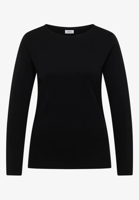 Langarm Shirt mit U-Boot-Ausschnitt Black Schwarzes, schlichtes Langarmshirt für Damen mit Rundhalsausschnitt.