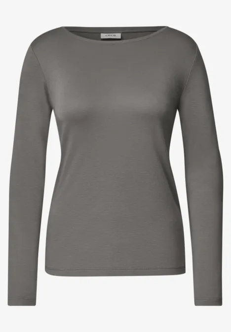 Langarm Shirt mit U-Boot-Ausschnitt storm grey Graues, schlichtes Damen-Langarmshirt auf weißem Hintergrund.