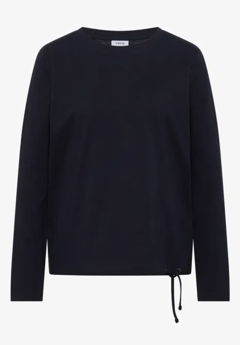 Noir pull à manches longues avec encolure ronde et cordon de serrage à la taille.