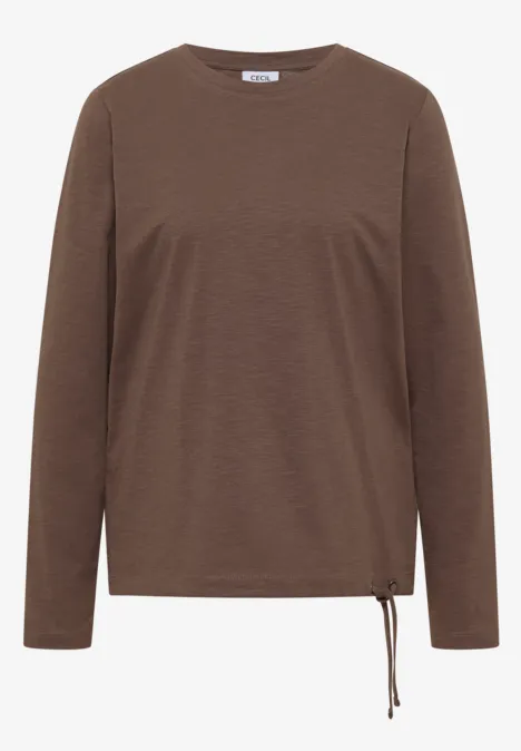 T-shirt à manches longues marron avec encolure ronde et cordon de serrage latéral.