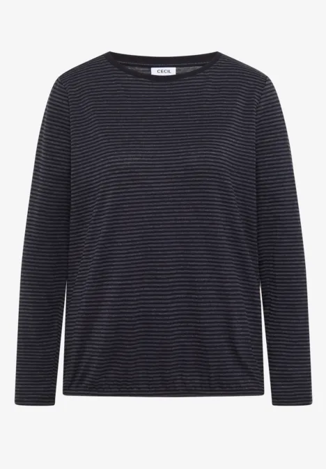T-shirt manches longues noir à fines rayures grises, épuré et intemporel.