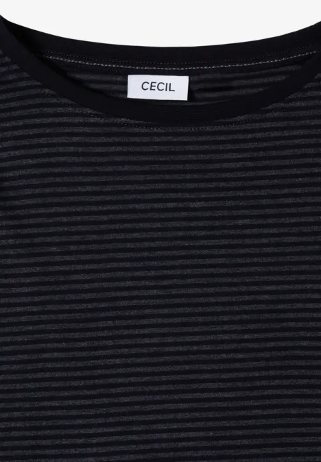 T-shirt noir à fines rayures horizontales avec étiquette blanche CECIL au col.