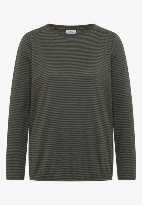 T-shirt à manches longues vert foncé à fines rayures avec encolure ronde