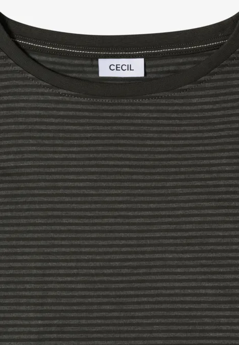 T-shirt femme vert foncé à fines rayures horizontales, col rond, marque CECIL.