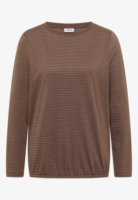Braun-beiges Langarmshirt mit feinen Streifen und Rundhalsausschnitt