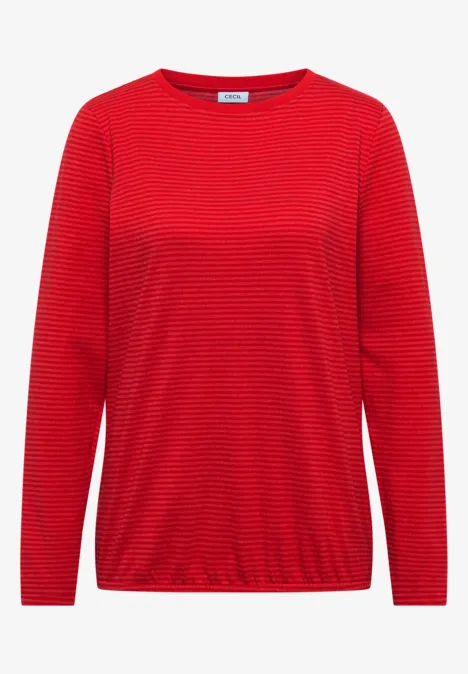 T-shirt rouge à manches longues, rayures fines et col rond.