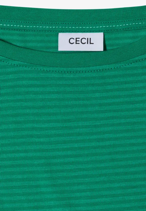 Grünes gestreiftes Shirt mit CECIL-Etikett am Kragen.