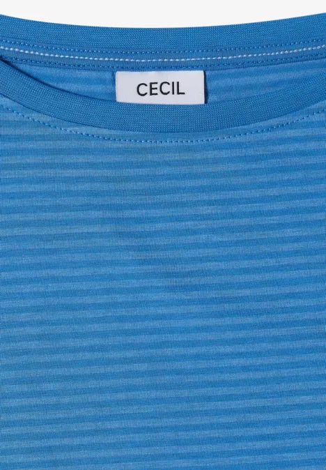 Langarm Shirt mit Boat Neck und Streifen north blue Ein blau gestreiftes T-Shirt mit Rundhalsausschnitt und 'CECIL'-Etikett an der Innenseite des Kragens.