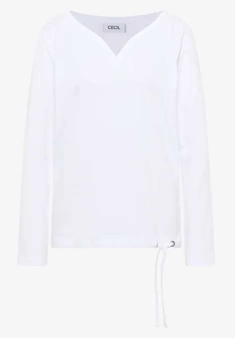 Shirt mit Split Neck im Tunika-Look White Weißes Langarmshirt mit V-Ausschnitt und seitlicher Schnürung